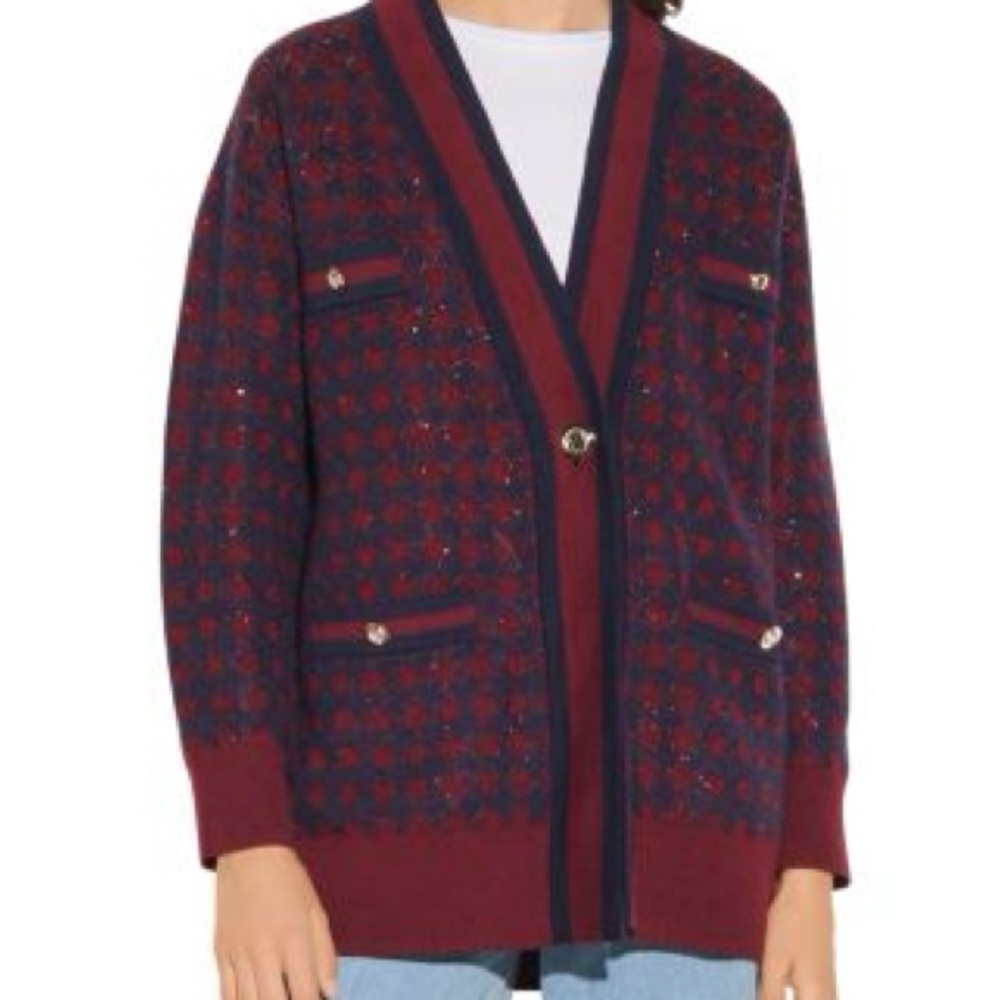 Sandro Burgundy and Navy sequin checkered Cardigan size 1 S